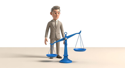 3D cartoon businessman holding scales of justice, legal concept
