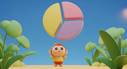Cute 3D cartoon monkey holding a pie against a blue sky