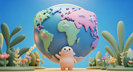 Cute cartoon character holding a 3D globe in a whimsical landscape.