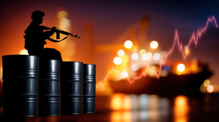 Obraz premium Soldier silhouette guarding oil barrels at sunset with blurred tanker and rising market trend, tense industrial scene with warm bokeh glow