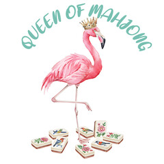 Queen of Mahjong illustration with pink flamingo wearing a crown and mahjong tiles, watercolor style. © JaJaDesign