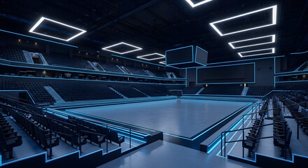 Naklejka premium Futuristic Arena Interior With Neon Blue Lights And Empty Seats Ready For A Major Sports Event Or Concert Performance