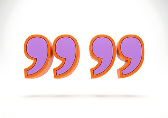 Obraz premium Three dimensional quotation mark icons in purple and orange on white background used for design and typography purposes