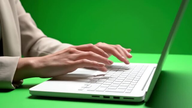 Green Screen close up caucasian woman use notebook female hands keyboarding laptop using texting pointing networking chroma key chromakey keyboard white device working message student businesswoman