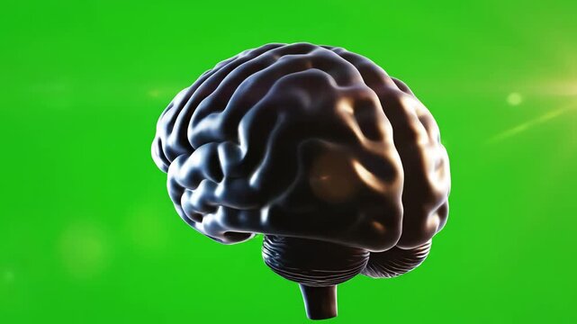 Green Screen human brain anatomical model 3d glossy on rotation animation 4k video scene 2 with distortion, overlay, glitch, static noise, scan lines black background, animated loop
