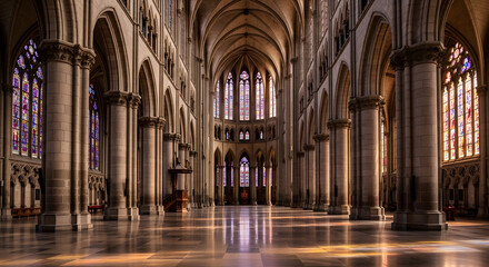 Naklejka premium Grand interior of a majestic cathedral with soaring arches, ornate columns, and stained glass windows casting colorful light onto the polished floor.