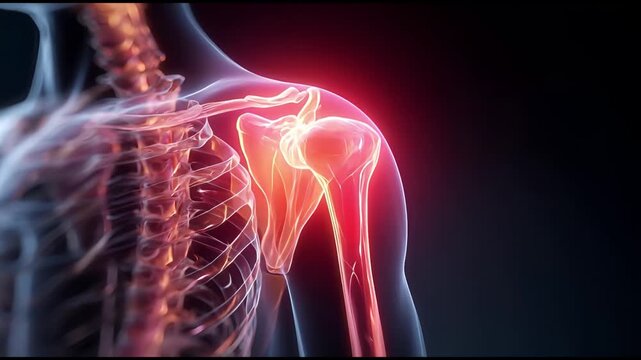 Anatomical representation of a human shoulder joint experiencing pain, highlighted with a red glow indicating inflammation or injury