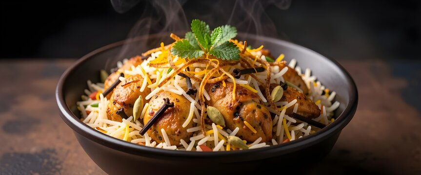 Hot and Spicy Chicken Biryani with Aromatic Basmati Rice and Indian Spices in Bowl