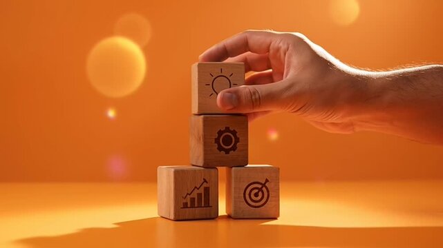 Hand placing wooden block with sun icon onto stacked blocks depicting growth, gears, and targets, symbolizing strategy and success.