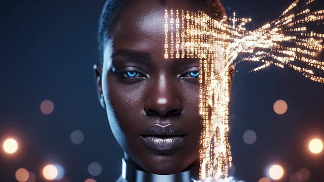 Futuristic portrait of a woman with striking blue eyes and binary code radiating from her forehead
