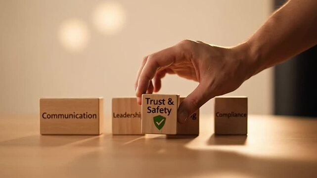 Hand stacking wooden blocks representing essential business pillars: Trust & Safety, Communication, Leadership, Training, and Compliance, for organizational success.