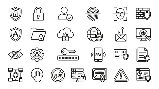 Set of 30 cybersecurity and network outline icons vector, line style symbols for security, password, firewall, cloud, email, warning, server, wifi