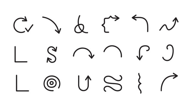 Arrows various styles and shapes with black lines on white background, set of graphic elements for design