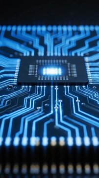 Close-up of a blue circuit board with a microchip and glowing pathways on a dark background with a shallow depth of field.