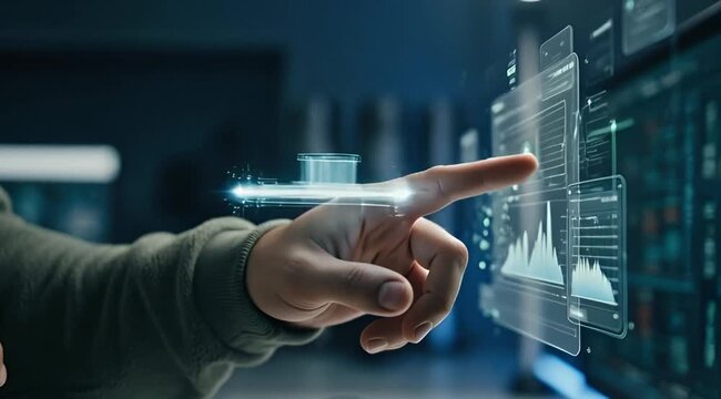 4K Footage of Person interacts with futuristic interface displaying analytics and graphs in a dark environment