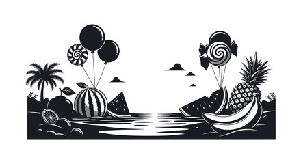 A tropical beach scene with fruit balloons and palm trees rendered as a striking black silhouette high quality © jivect02