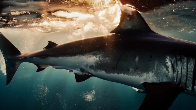 A massive Great White open his mouth. Water droplets flying in the air, sunset lighting, cinematic 8k, National Geographic style. Photographed by drone