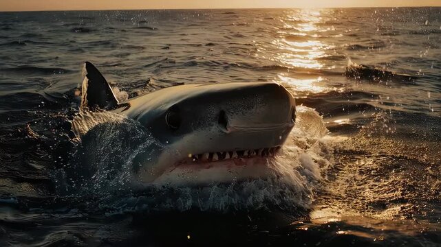 A massive Great White open his mouth. Water droplets flying in the air, sunset lighting, cinematic 8k, National Geographic style. Photographed by drone