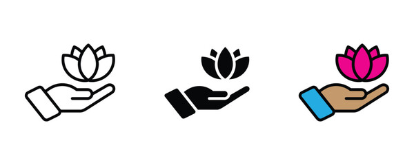 Fototapeta premium Lotus flower in hand icon set. Meditation, wellness, and spirituality symbol. Vector Illustration.