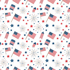 Obraz premium Seamless patriotic pattern featuring waving American flags, red and blue stars, and festive fireworks, perfect for national holiday celebrations and themed backgrounds