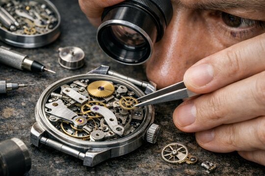 Master Watchmaker Precision Repairing Mechanical Timepiece With Microscope And Tweezers On Workbench
