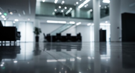 Fototapeta premium A long exposure photo captures the interior of a modern office lobby with sleek furniture and shiny floor.
