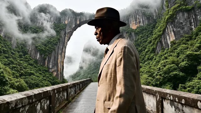 Man in fedora walks on a bridge amidst misty, verdant cliffs and an arch