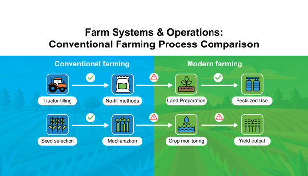 Conventional farming vs modern agriculture process comparison infographic illustrating traditional tractor tilling versus automated crop monitoring technology