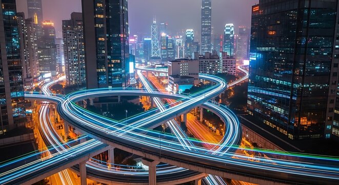 Cityscape at night with highway interchange.