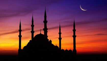 Mosque Silhouette Against Fiery Sunset with Crescent Moon