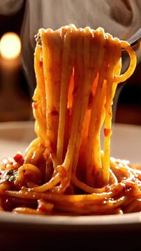 Enjoying hot pasta in a cozy restaurant with warm lighting and a fork ready to dig in