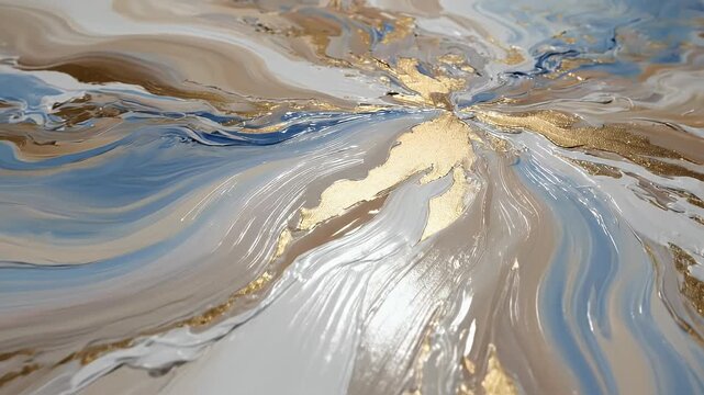 Swirling abstract painting with thick impasto textures in blue, cream, gold, and white