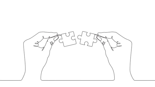 Puzzle pieces one continuous line drawing with hands connecting fragments, symbol of teamwork and solution