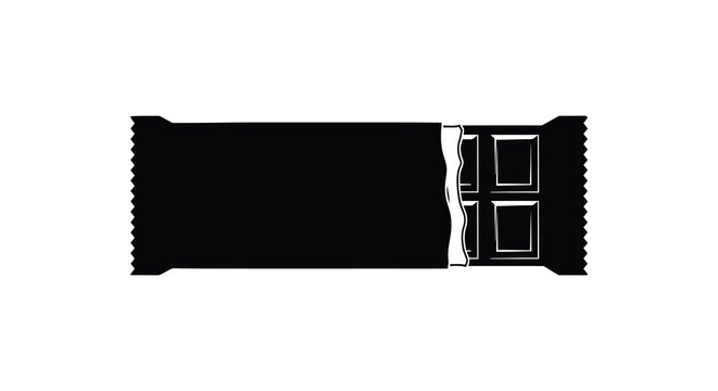 A stark black silhouette of a chocolate bar with partially unwrapped packaging is prominently displayed against a white background silhouette