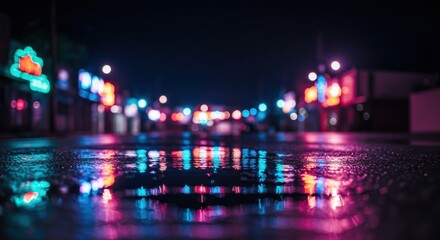 Obraz premium City street at dusk with vibrant neon lights reflecting on wet pavement in a nighttime urban landscape view