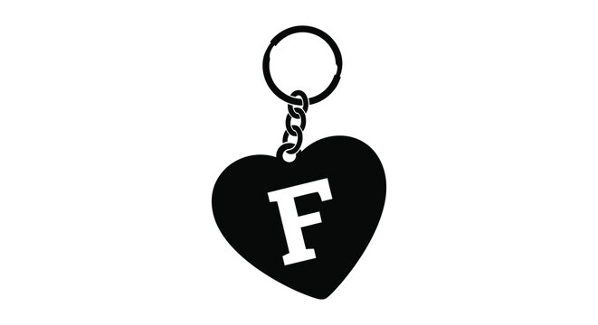 A black silhouette of a heart shaped keychain with the letter f against a white background silhouette high quality