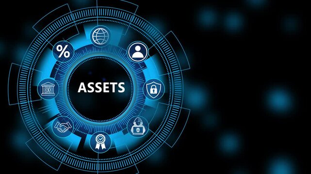 Futuristic assets dashboard with digital financial analytics system and advanced investment management interface animation