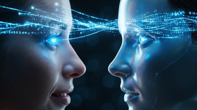 Two human profiles connected by a glowing stream of digital particles illustrate neural communication, artificial intelligence interaction, and the concept of shared digital consciousness.