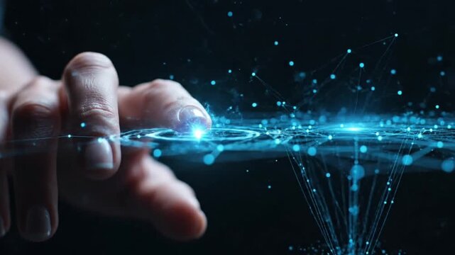 Human fingers manipulating glowing digital energy streams represent direct interaction with artificial intelligence data systems and advanced cyber technology.