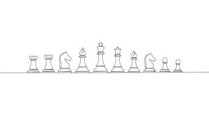Chess pieces single line drawing set with king, queen, rook, bishop, knight, and pawn figures. featuring board game, strategy game, game with © Farjana
