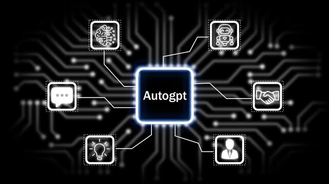 Autogpt icon surrounded by smaller icons for ai and manufacturing process management all connected in a digital circuit like pattern, 4k animation. black 