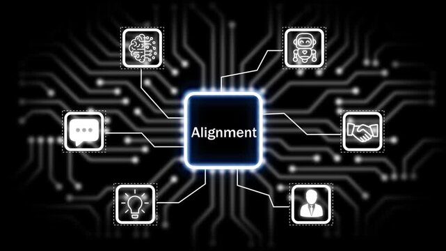 alignment  icon surrounded by smaller icons for ai and manufacturing process management all connected in a digital circuit like pattern, 4k animation. black 
