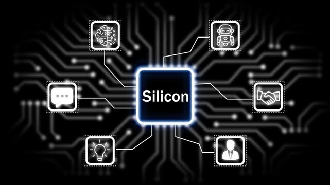 silicon icon surrounded by smaller icons for ai and manufacturing process management all connected in a digital circuit like pattern, 4k animation. black 