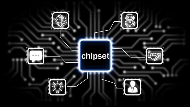 chipset icon surrounded by smaller icons for ai and manufacturing process management all connected in a digital circuit like pattern, 4k animation. black 