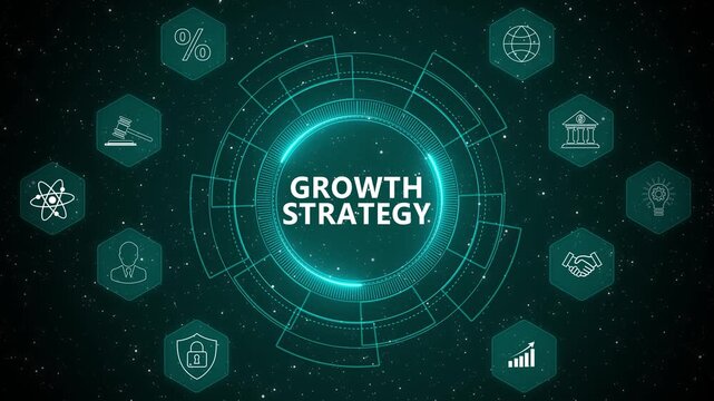 Futuristic growth strategy analytics dashboard with digital business intelligence planning, market expansion insights, and enterprise development performance visualization