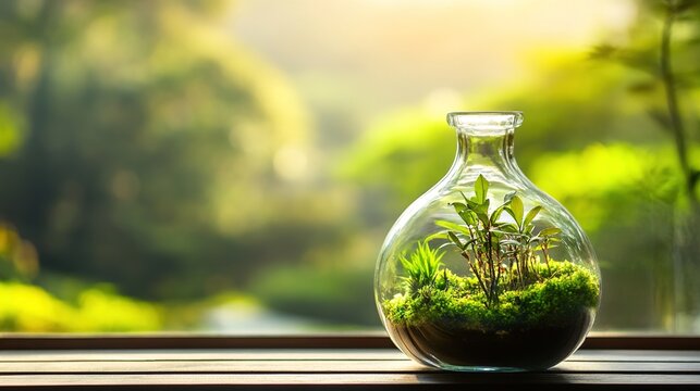 carboy. Glass carboy with a miniature ecosystem of moss on a windowsill. ESG reports, sustainability campaigns, designed for sustainability communications and ESG reporting, promotes sustainability.