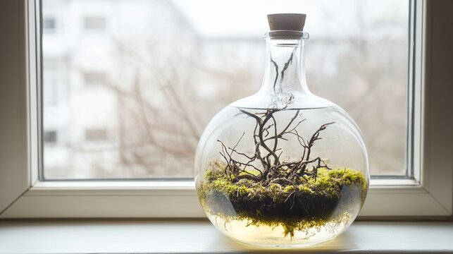 carboy. Glass carboy with a miniature ecosystem of moss on a windowsill. ESG reports, sustainability campaigns, designed for sustainability communications and ESG reporting, promotes sustainability.