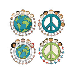 Fototapeta premium Diverse children holding hands around planet earth and peace symbols diversity globe