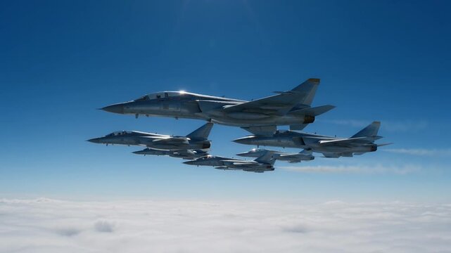 A formation of advanced military jets performs synchronized aerial maneuvers high above the clouds, showcasing exceptional precision against a vast blue sky
