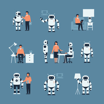 Collection of illustrations depicting human-robot interaction in various professional and social settings.